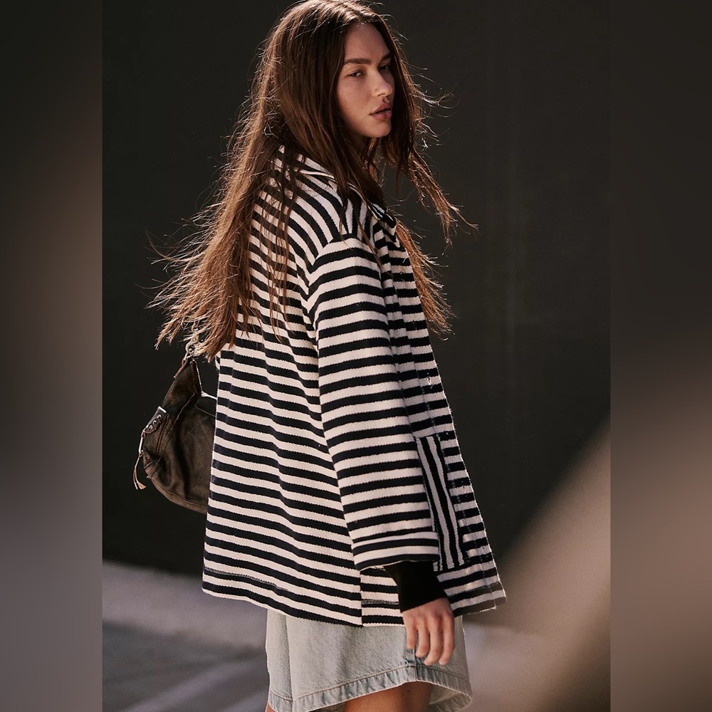 Free People Lora Blue & Cream Striped Knit Cardigan